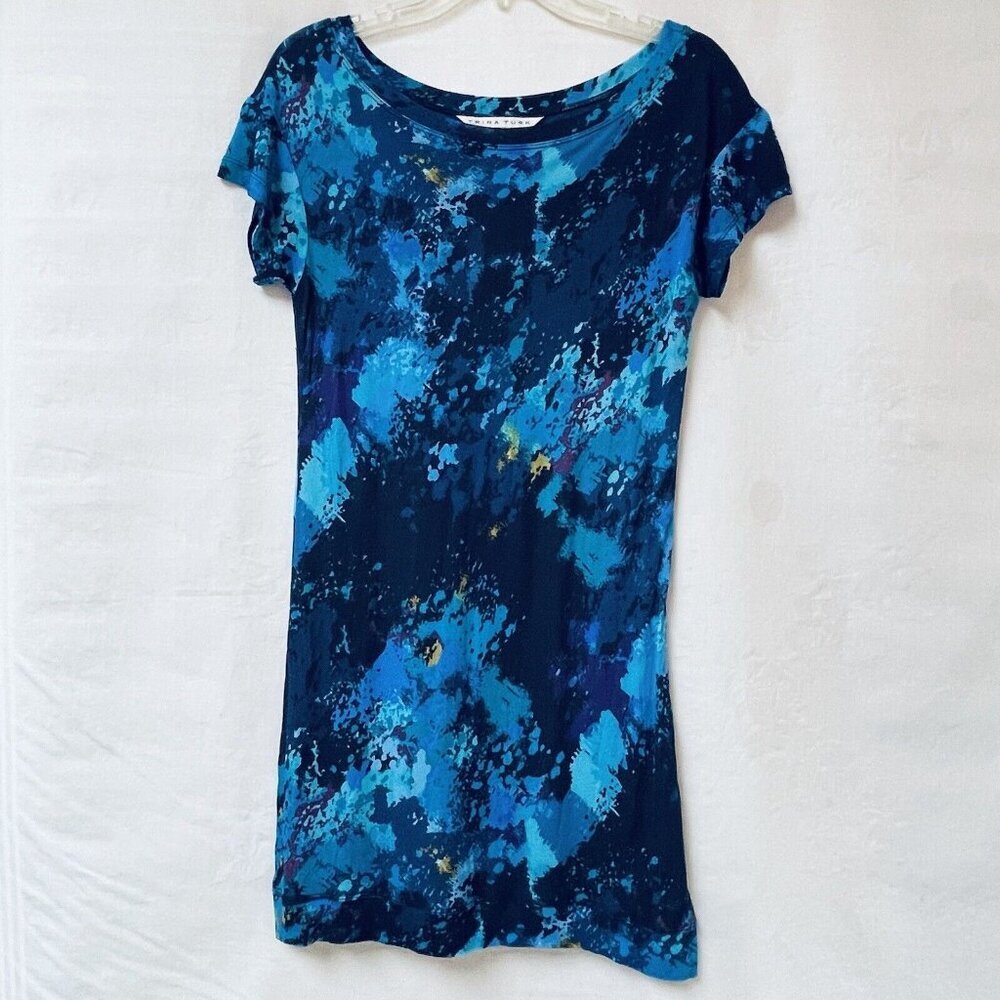 Trina Turk Mini Dress Womens Medium Blue Artsy Splash Paint Cap‎ Sleeve Vacation